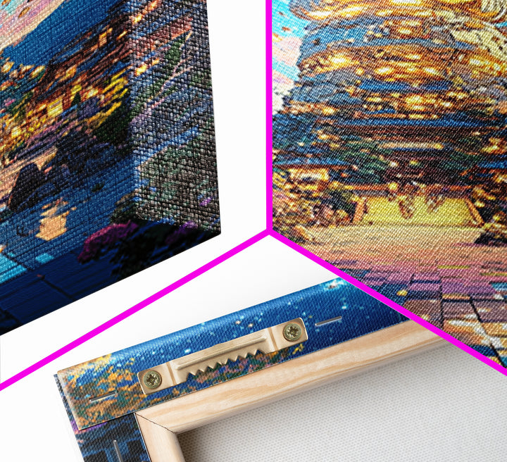Golden Futuristic Buddha Temple Wall Art, Cyberpunk Japanese Village Canvas Print, Spiritual Sci Fi Decor For Meditation Room
