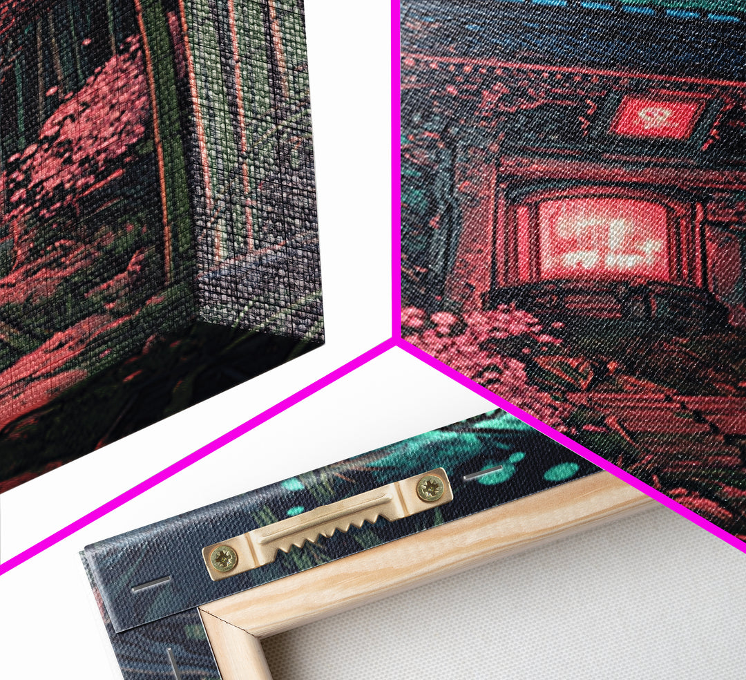 Moonlit Bamboo Shrine Wall Art, Japanese Moon Garden Canvas Print, Dark Botanical Japandi Decor, Pink Floral Temple Scene