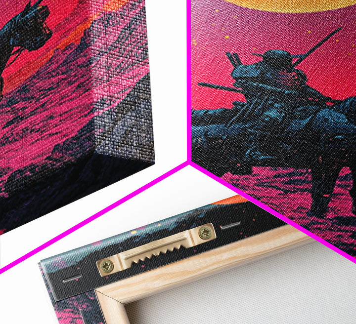 Samurai Horseback Desert Wall Art, Orange Sun Western Japanese Canvas Print, Retro Futuristic Warrior Decor Gift For Man Cave