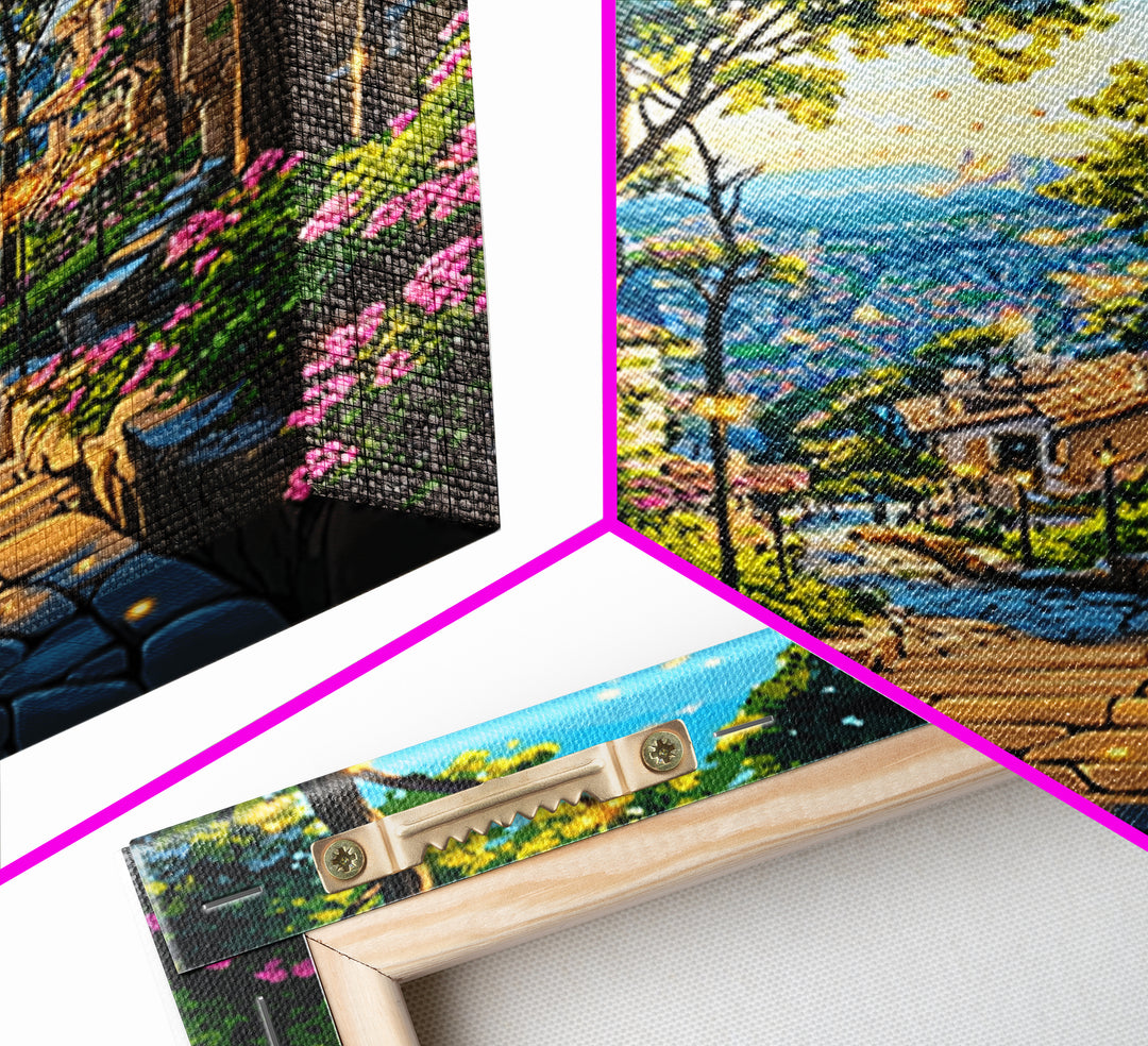 Glowing Forest Stairway Wall Art, Lantern Garden Path Canvas Print, Whimsical Coastal Village Decor For Living Room Gift
