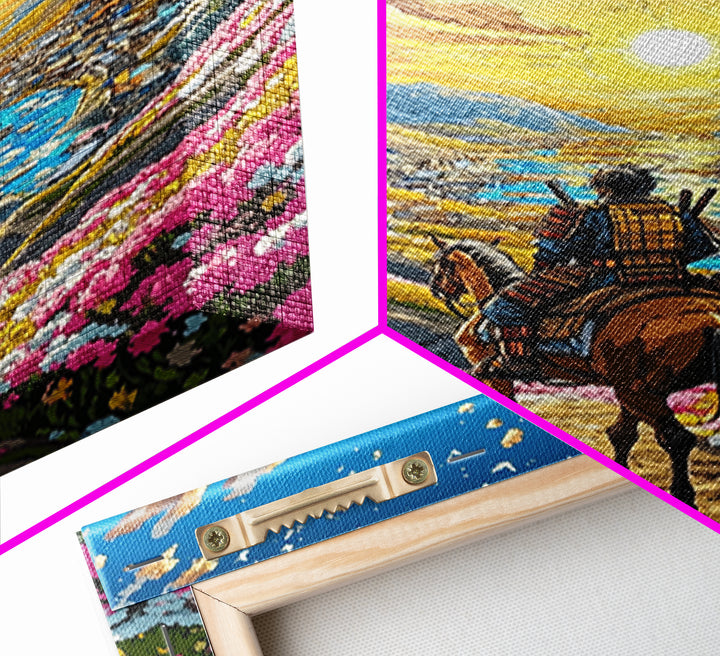 Horseback Warrior Valley Wall Art, Sunrise Mountain Landscape Canvas Print, Pink Flower Meadow Japanese Decor Gift For Home