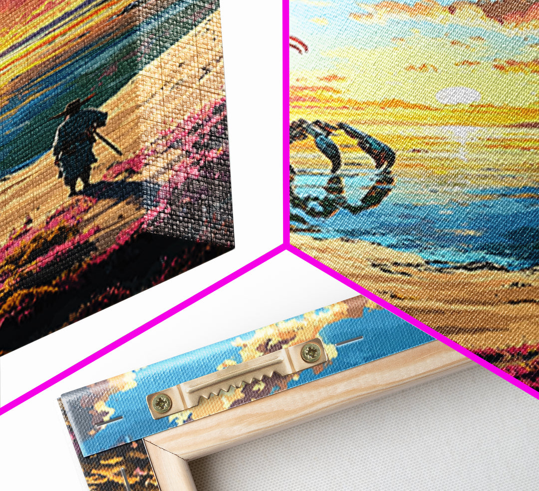 Giant Scorpion Beach Sunset Wall Art, Surreal Fantasy Landscape Canvas, Coastal Sci Fi Decor, Unique Gift For Him, Statement Artwork