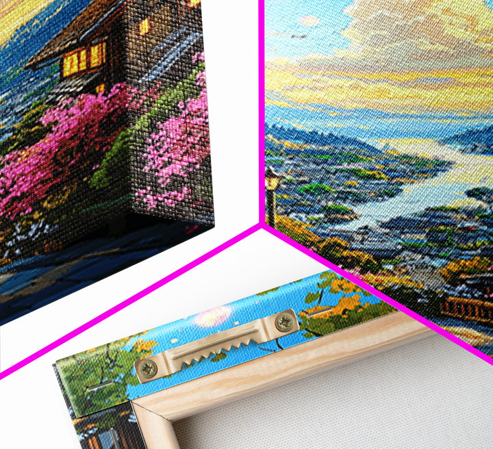 Magical Japanese Lakeside Village Canvas Print, Sunset Mountain Wall Decor, Cherry Blossom Art, Japandi Home Decor Gift Idea