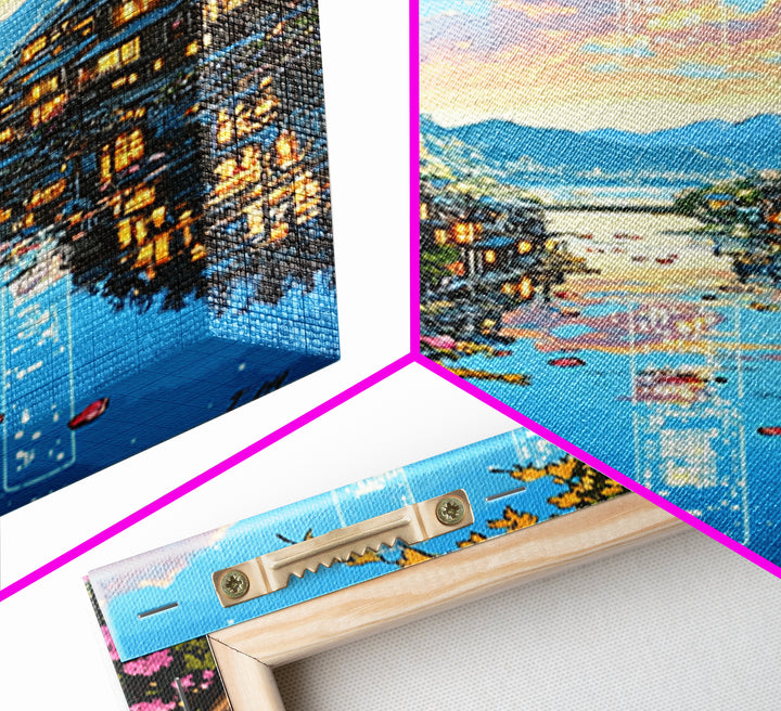 Glowing Canal Village Framed Canvas Print, Japanese Landscape Wall Art, Cherry Blossom Decor, Fantasy Travel Poster Gift