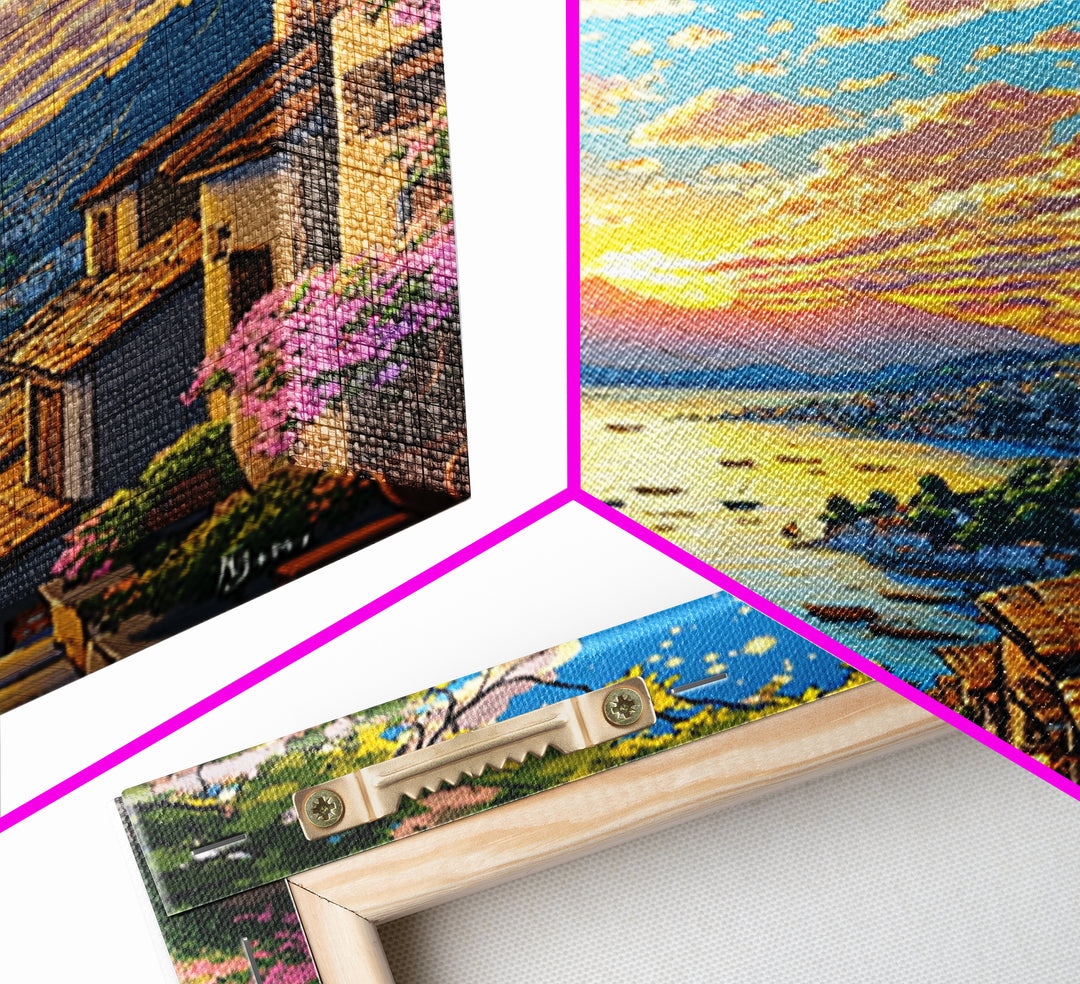 Italian Hillside Village Sunset Canvas Print, Coastal Lake Wall Art, Mediterranean Decor, Romantic Travel Poster Gift Idea