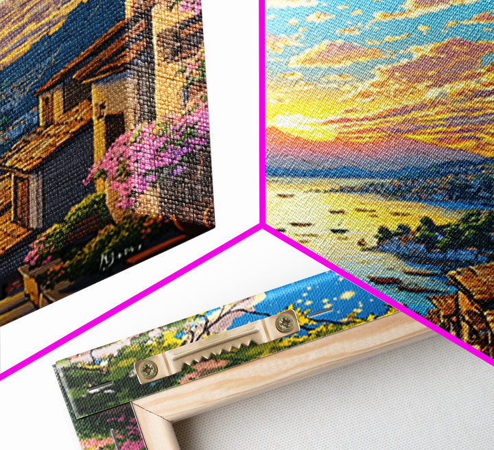 Italian Hillside Village Sunset Canvas Print, Coastal Lake Wall Art, Mediterranean Decor, Romantic Travel Poster Gift Idea