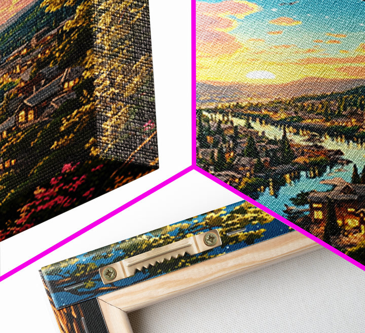 Sunset River City Through Forest Wall Art, Starry Landscape Canvas, Nature Decor, Cozy Living Room Art Print Gift For Her