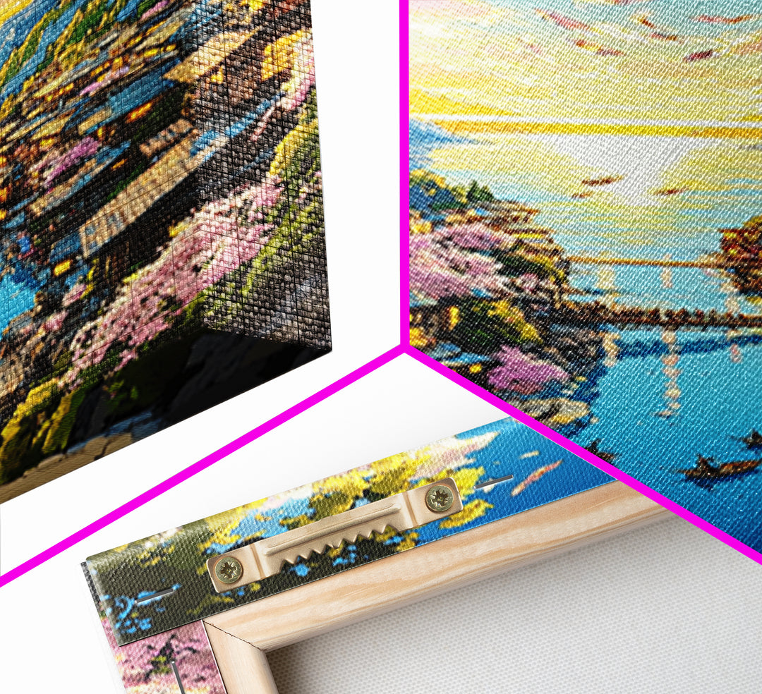 Cherry Blossom Coastal Village Canvas Print, Japanese Seascape Wall Art, Pink Floral Decor, Peaceful Travel Poster Gift Idea