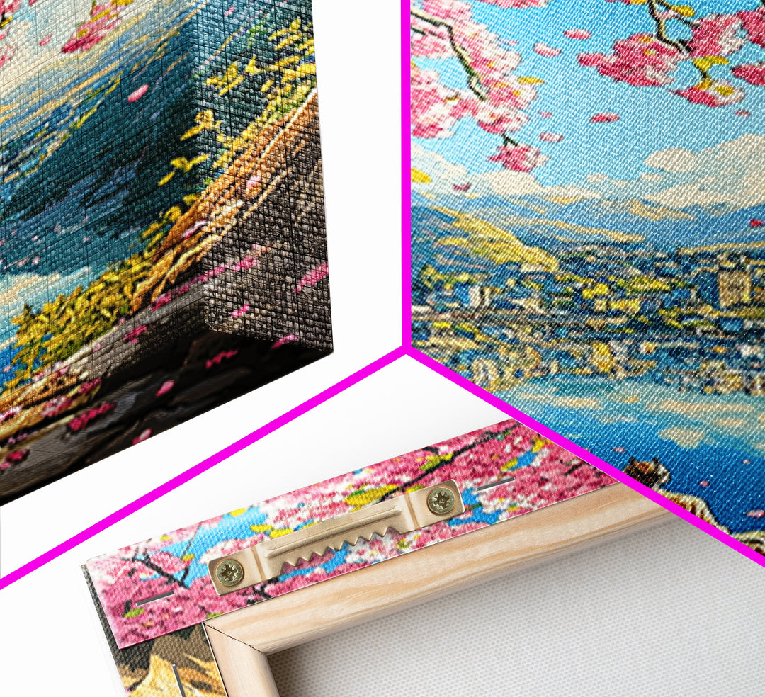 Cherry Blossom Lake Meditation Canvas Print, Japanese Mountain Wall Art, Spring Nature Decor, Peaceful Zen Gift For Her Idea