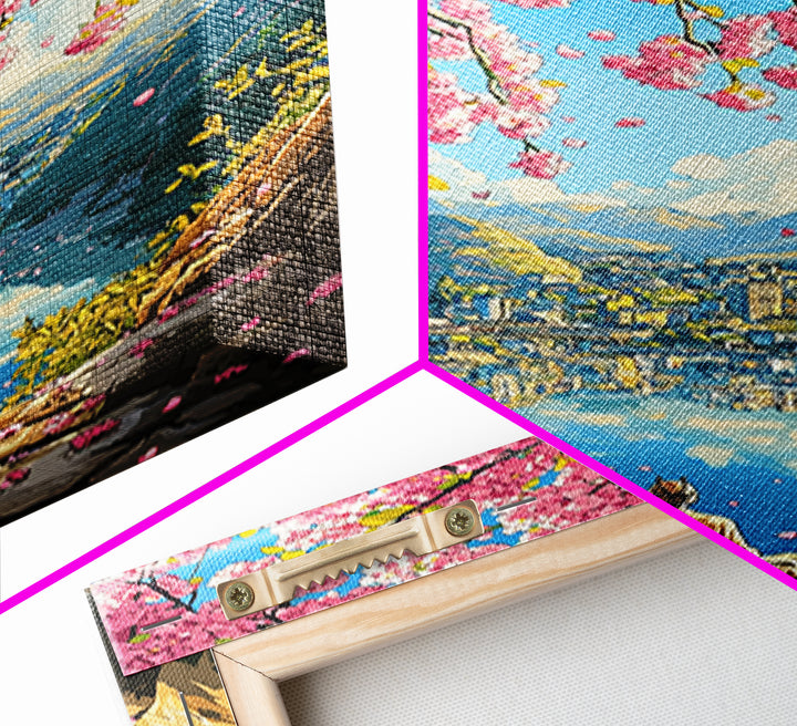 Cherry Blossom Lake Meditation Canvas Print, Japanese Mountain Wall Art, Spring Nature Decor, Peaceful Zen Gift For Her Idea