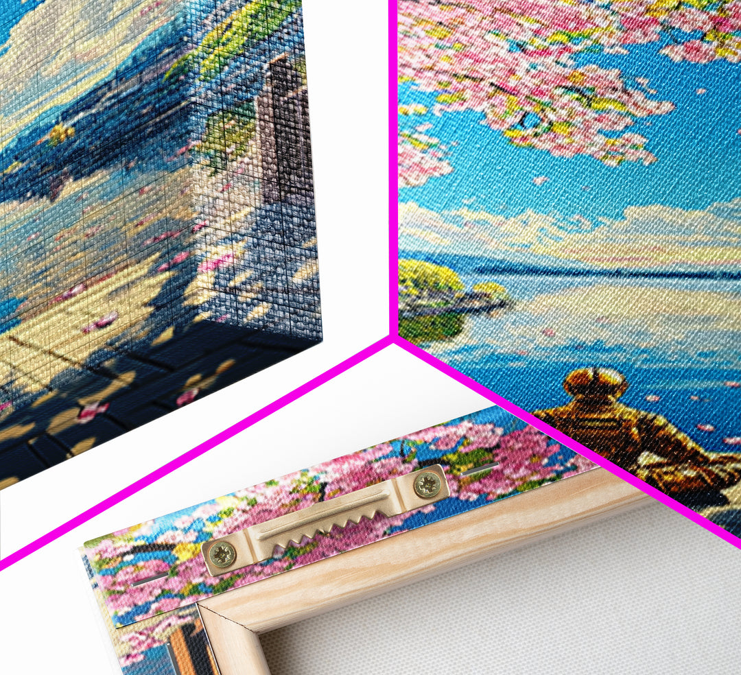 Meditating Samurai Under Pink Cherry Blossoms Wall Art, Japanese Landscape Canvas, Zen Decor, Living Room Art Print, Home Decor