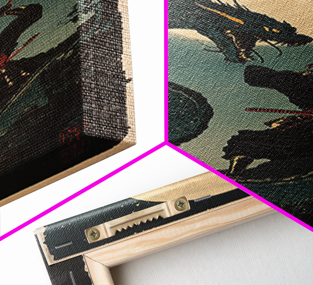 Moon Dragon Duel With Armored Samurai Framed Canvas Print, Japanese Fantasy Wall Art, Dark Academia Decor, Gift For Him, Office Decor