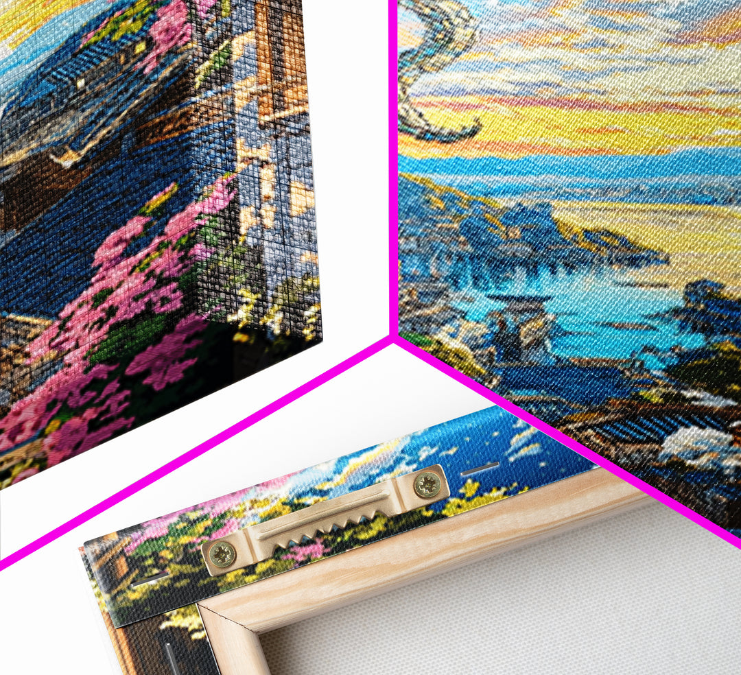 Dragon Over Sunlit Coastal Stairway Canvas Print, Japanese Village Wall Art, Cherry Blossom Decor, Fantasy Landscape Print
