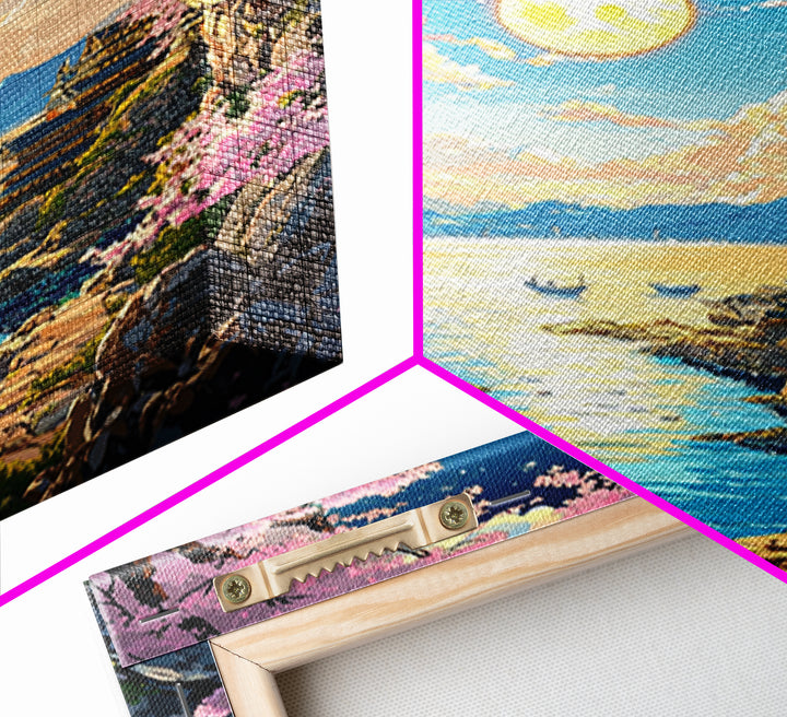 Moonlit Cherry Blossom Sea Cove Wall Art, Samurai Fantasy Landscape, Japanese Coastal Decor, Living Room Canvas Print, Home Decor