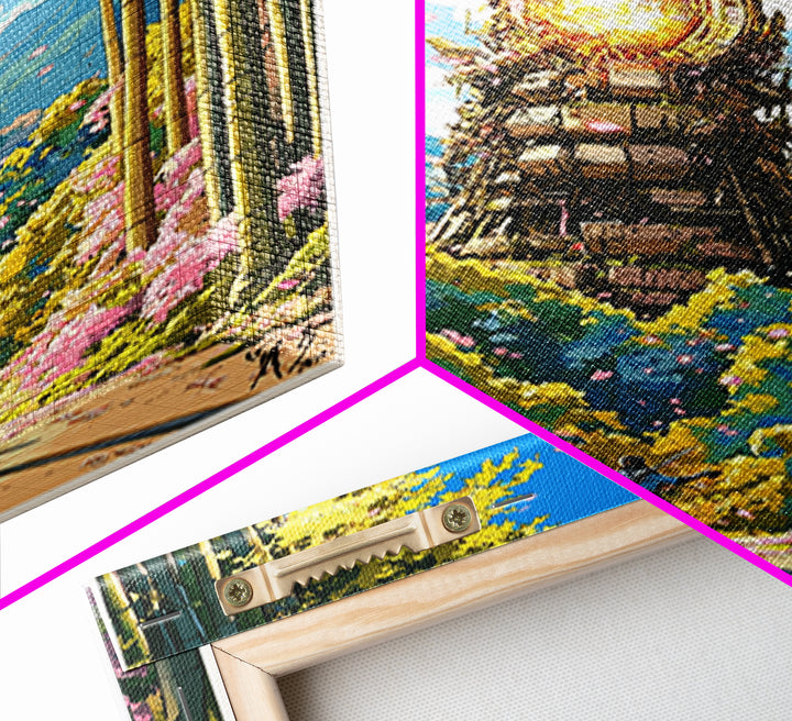 Glowing Samurai Tower In Bamboo Forest Wall Art, Japanese Fantasy Landscape, Asian Inspired Art Canvas Print, Living Room Decor