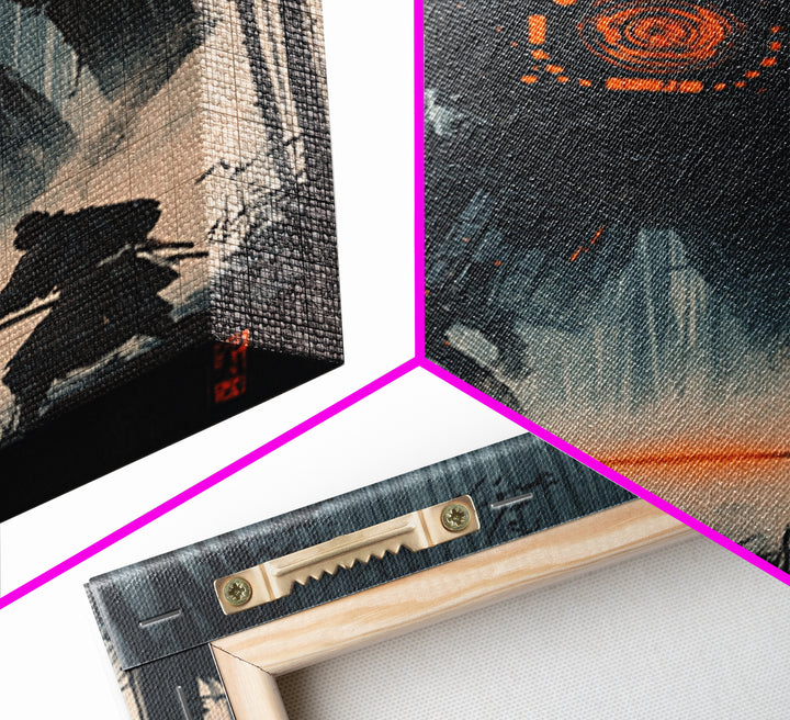 Dark Samurai Facing Giant Mech Wall Art, Cyberpunk Japanese Bamboo Forest, Neon Sword Framed Canvas Print, Office Wall Decor