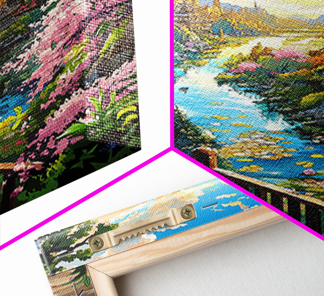 Golden Dragon Above Cherry Blossom Valley Wall Art, Japanese Fantasy Landscape, River Mountain Canvas Print, Zen Home Decor