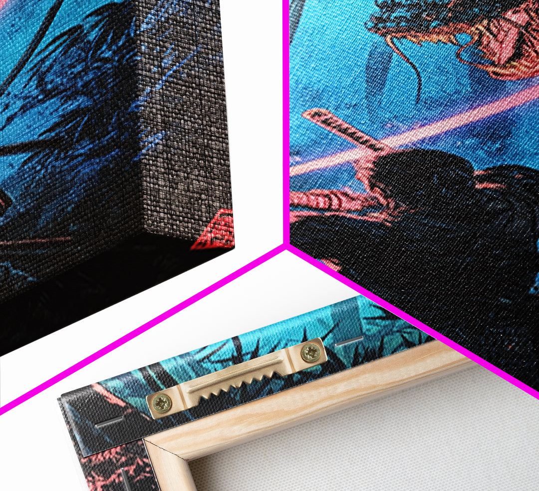 Neon Samurai Battling Serpent Dragon Wall Art, Cyberpunk Japanese Bamboo Forest, Dark Fantasy Framed Canvas Print, Office Decor