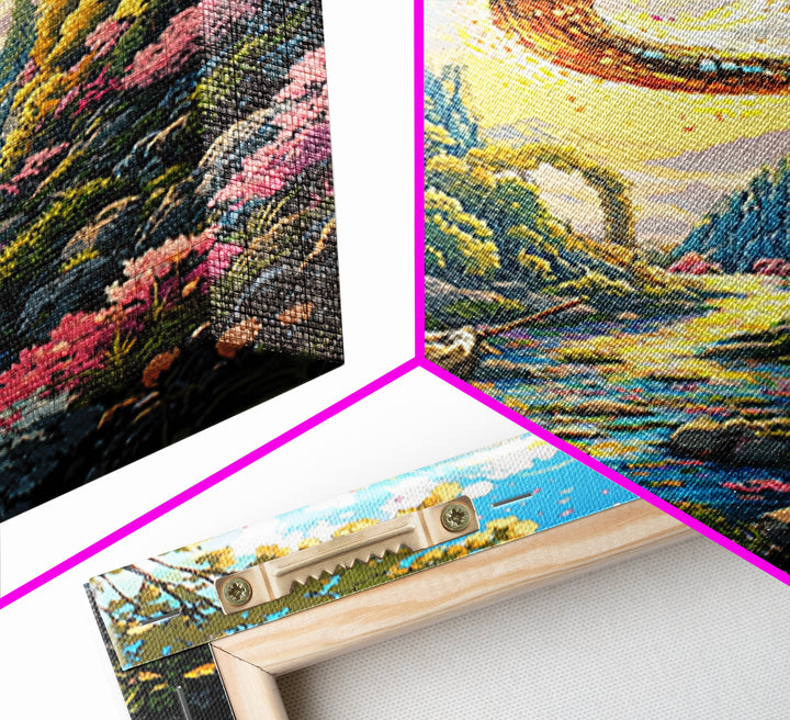 Warrior And Golden Dragon Mountain River Wall Art, Japanese Fantasy Canvas Print, Samurai Decor, Cherry Blossom Landscape