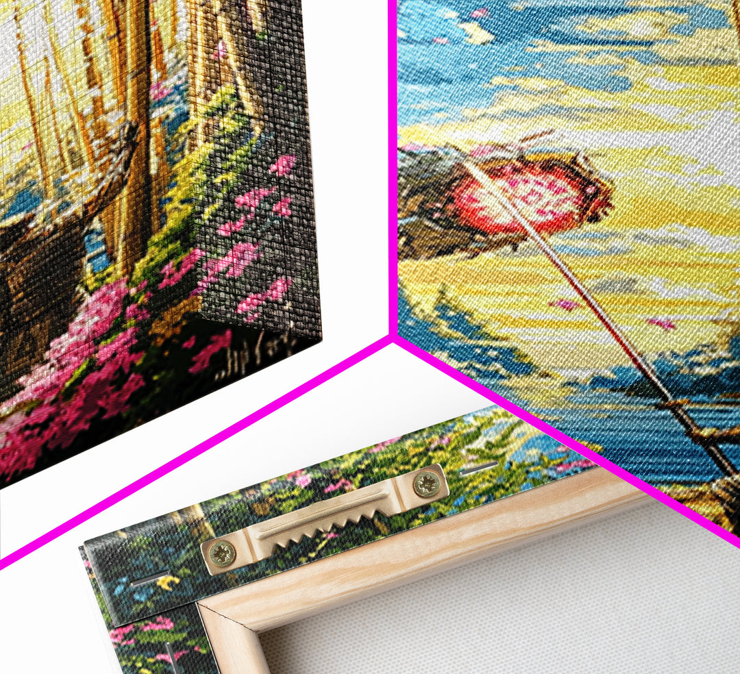 Samurai Banner In Bamboo Forest Wall Art, Japanese Warrior Canvas Print, Cherry Blossom Decor, Fantasy Landscape Poster Art