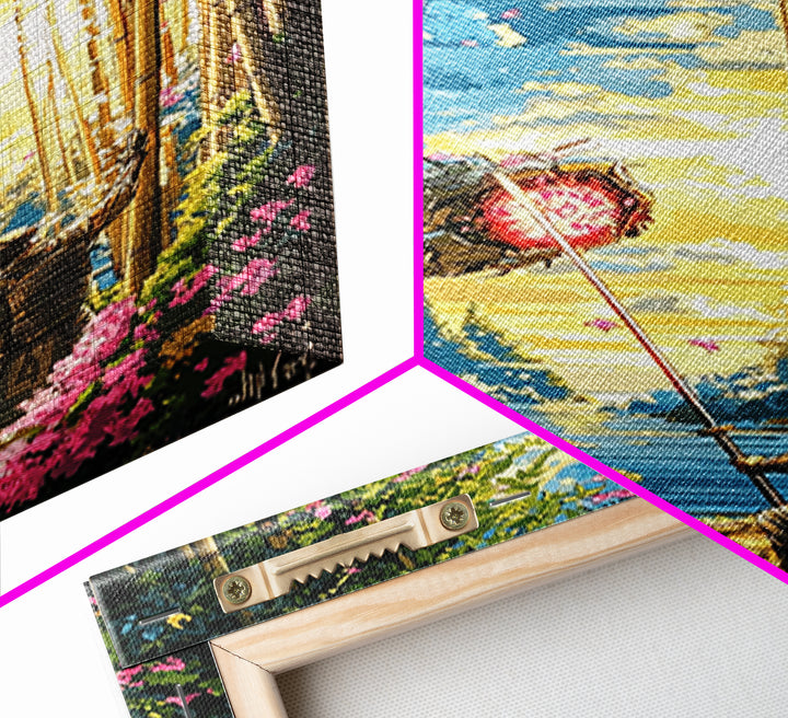 Samurai Banner In Bamboo Forest Wall Art, Japanese Warrior Canvas Print, Cherry Blossom Decor, Fantasy Landscape Poster Art