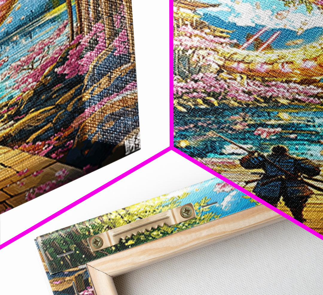 Golden Dragon By Bamboo Lake Framed Canvas Print, Samurai Wall Art, Japanese Fantasy Decor, Cherry Blossom Temple Art Print