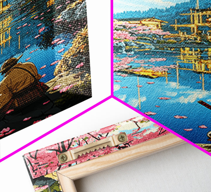 Seated Samurai At Cherry Blossom Lake Wall Art, Japanese Garden Canvas Print, Torii Reflection Decor, Peaceful Landscape