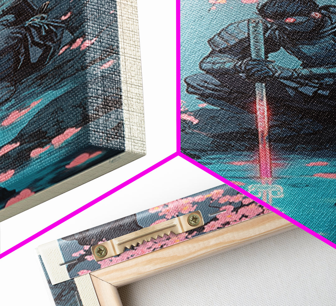 Kneeling Samurai With Glowing Sword Wall Art, Dark Japanese Canvas Print, Cherry Blossom Stream Decor, Ninja Warrior Poster