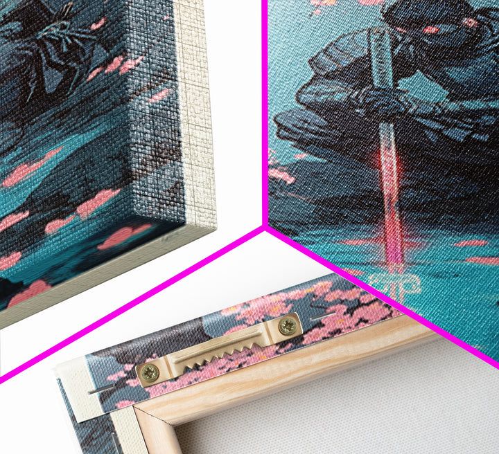 Kneeling Samurai With Glowing Sword Wall Art, Dark Japanese Canvas Print, Cherry Blossom Stream Decor, Ninja Warrior Poster