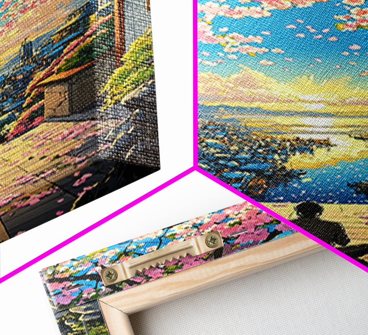 Meditation Over Cherry Blossom Harbor Wall Art, Japanese Coastal Canvas Print, Sakura Cityscape Decor, Peaceful Sunset Art