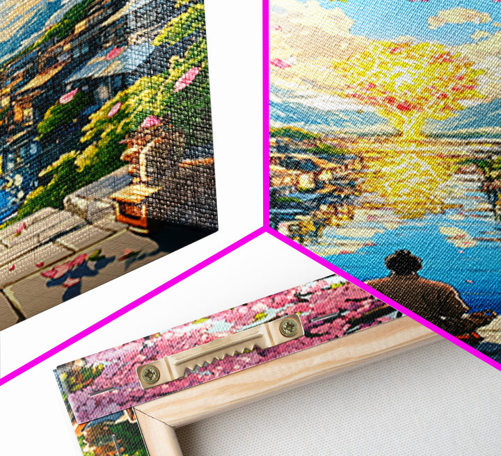 Meditating Figure Beneath Golden Tree Wall Art, Cherry Blossom Canvas Print, Japanese Canal City Decor, Spiritual Landscape