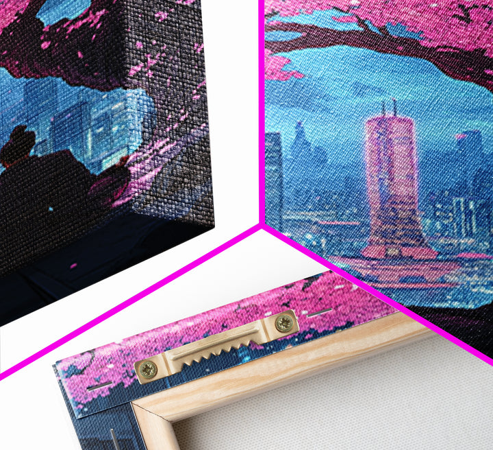Pink Cherry Blossom Meditation City Wall Art, Cyberpunk Japanese Landscape Print, Neon Urban Decor, Zen Living Room Art Gift