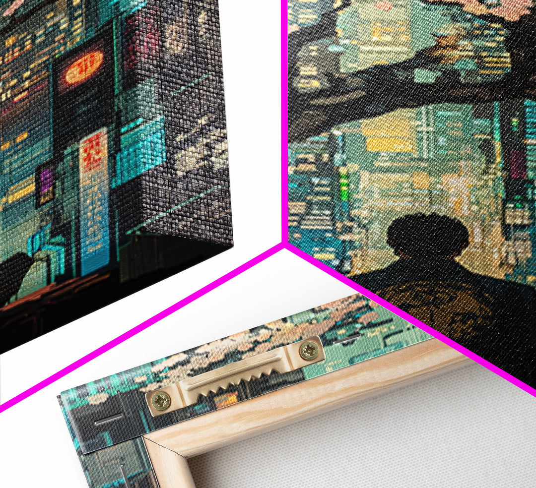 Cherry Blossoms Over Neon City Framed Canvas Print, Cyberpunk Japanese Wall Decor, Urban Zen Meditation Living Room Art Gift