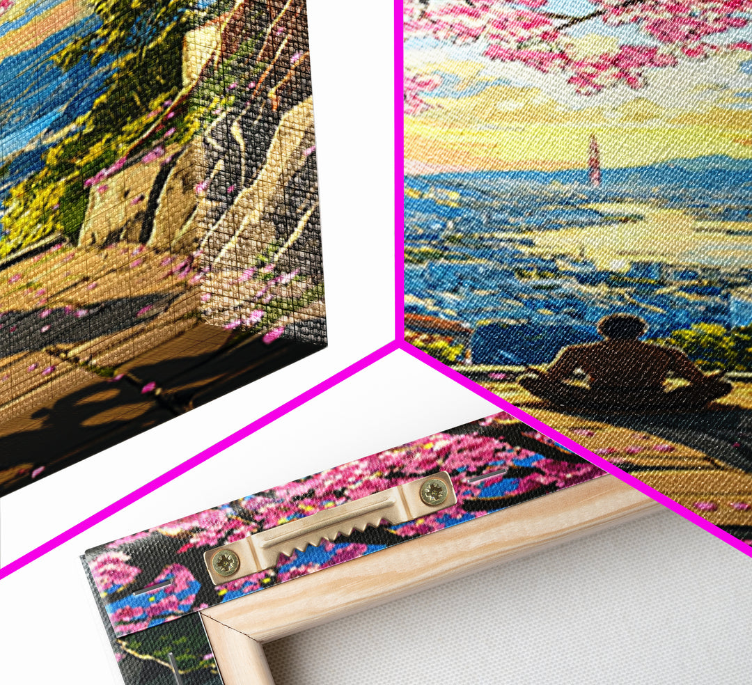 Sunset Cherry Blossom Bay Wall Art, Japanese Landscape Painting, Zen Meditation Decor, Colorful Coastal Living Room Print