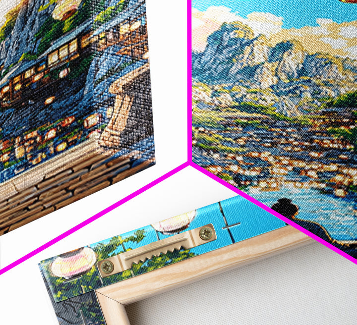 Lantern Mountain Village Canvas Print, Japanese Fantasy Landscape Art, Glowing River Decor, Zen Living Room Wall Art Gift
