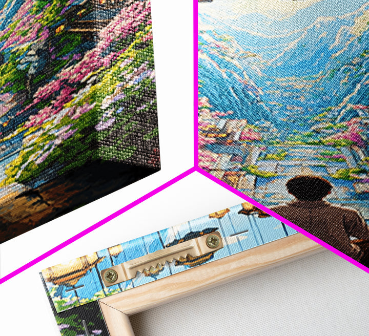 Hanging Lantern Valley Framed Canvas Print, Japanese Mountain Village Wall Decor, Floral Zen Landscape Living Room Art Gift