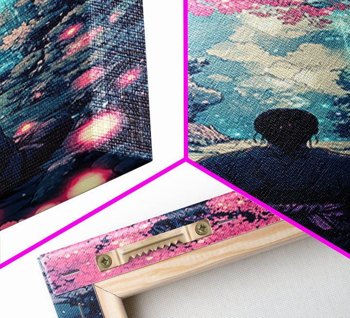Mystical Samurai Under Pink Blossom Trees Wall Art, Japanese Fantasy Decor, Cyberpunk Zen Print, Moody Bedroom Wall Decor