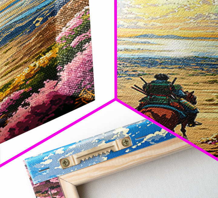 Samurai Rider Above Sunlit Ocean Valley Canvas Print, Japanese Landscape Wall Art, Coastal Mountain Decor, Colorful Print