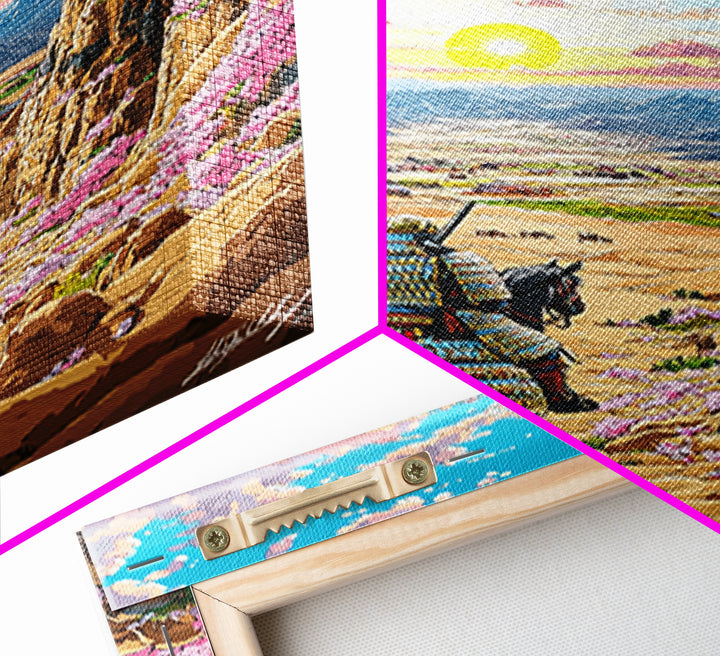 Armored Samurai Horse In Desert Canyon Sunrise Framed Canvas Print, Japanese Western Wall Art, Mountain Landscape Home Decor