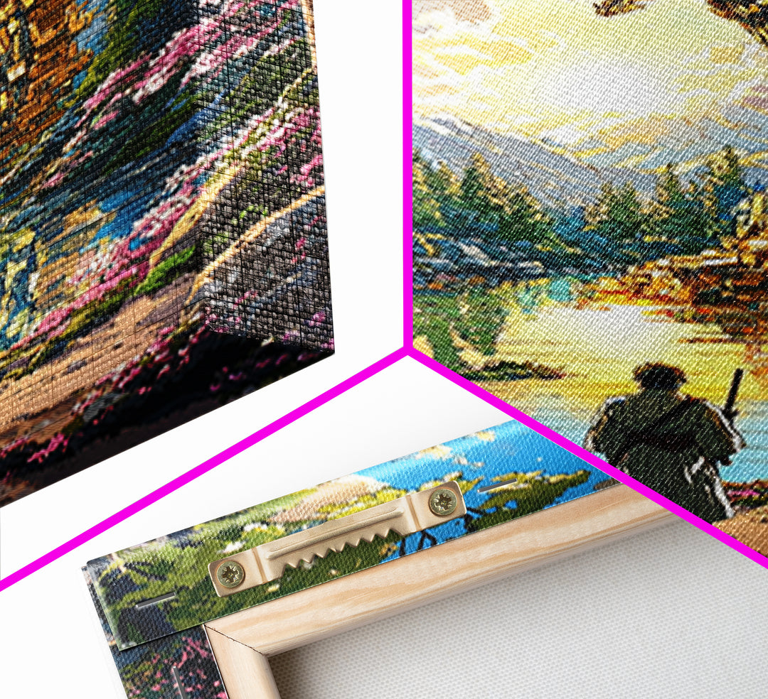 Golden Dragon Over Mountain Lake Canvas Print, Japanese Fantasy Art, Cherry Blossom Wall Decor, Samurai Living Room Art Print