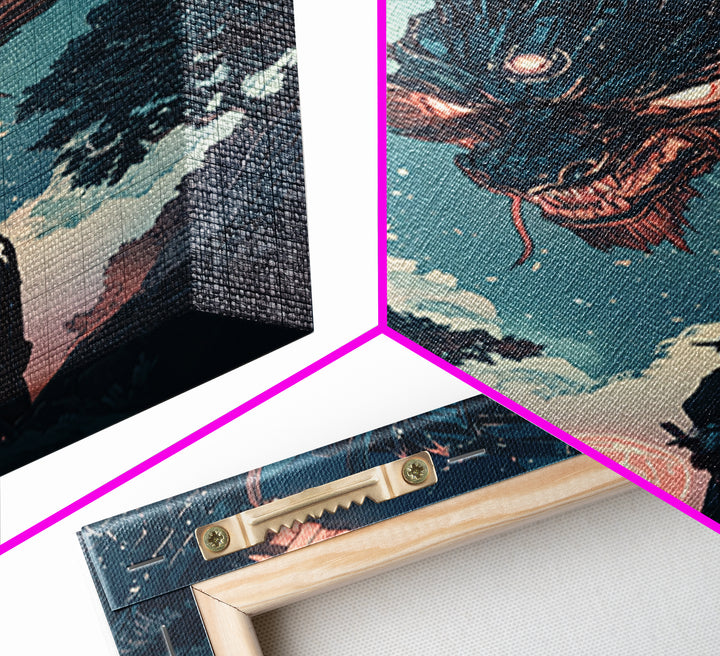 Dark Mechanical Dragon And Samurai Wall Art, Japanese Fantasy Poster, Cyberpunk Decor, Moody Sci Fi Living Room Art Print