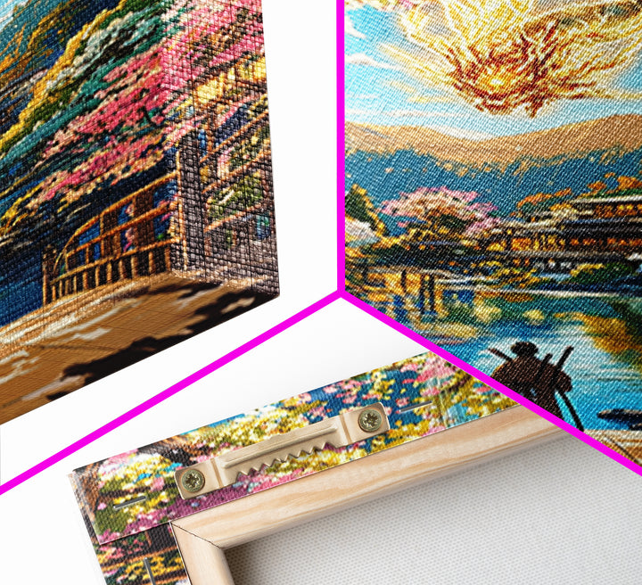 Glowing Dragon Above Cherry Blossom River Framed Canvas Print, Japanese Garden Wall Art, Colorful Fantasy Home Decor Print