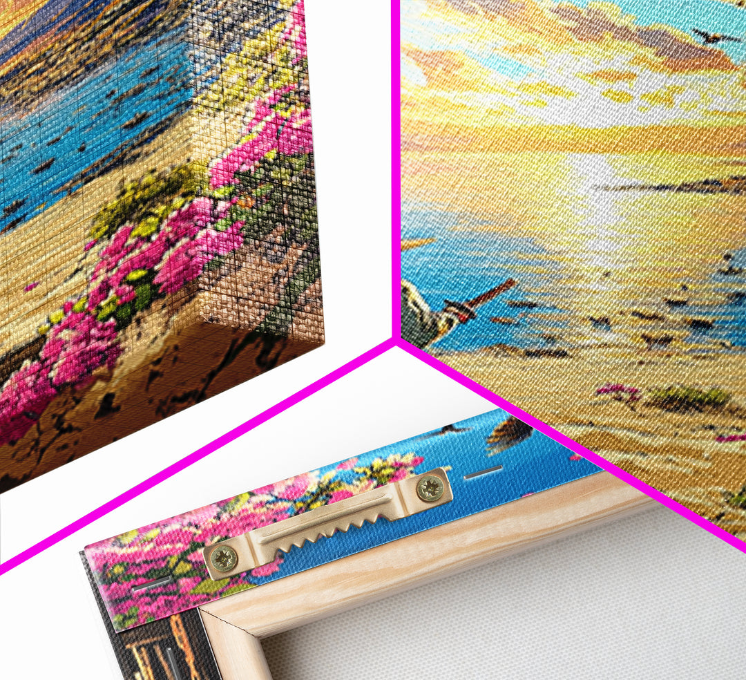 Samurai On Sunny Flower Framed Beach Canvas Print, Coastal Wall Art, Tropical Sunset Poster, Beach House Living Room Decor