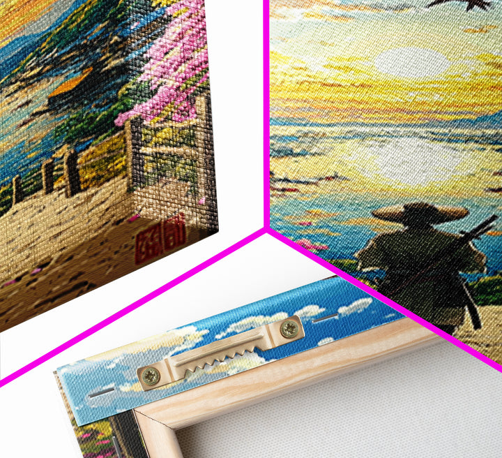 Samurai Overlooking Golden Coastal Village Wall Art, Japanese Seascape Print, Cherry Blossom Decor, Serene Living Room Art