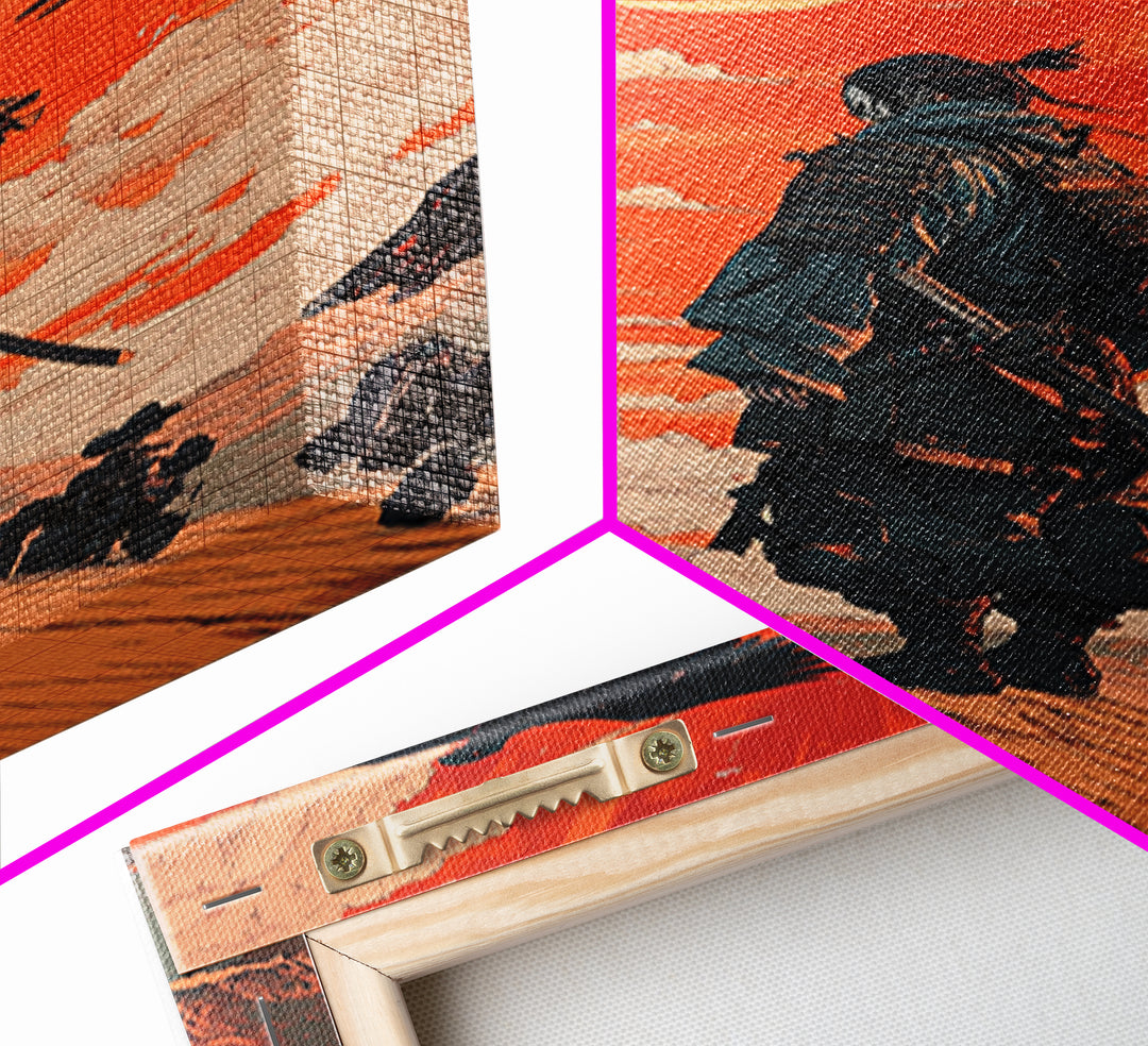 Armored Samurai Beneath Red Sunset And Ravens Canvas Print, Japanese Warrior Wall Art, Desert Fantasy Poster, Office Decor