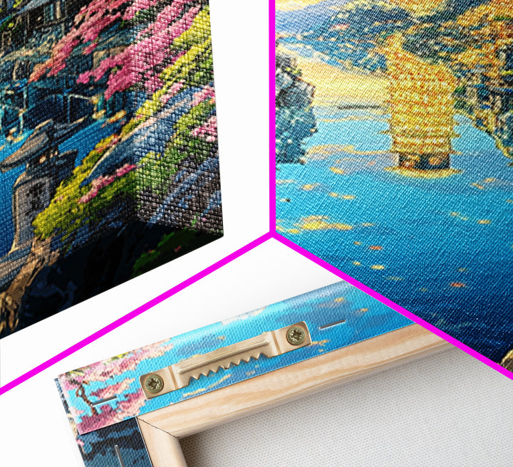 Samurai Overlooking Golden Pagoda Lake Wall Art, Japanese Cherry Blossom Canvas Print, Fantasy Landscape Home Decor Gift