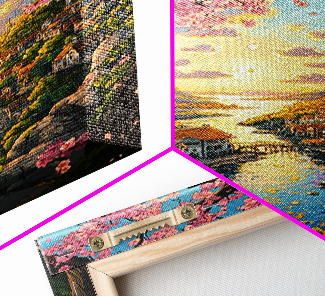 Cherry Blossom River Village Wall Art, Coastal Sunset Canvas Print, Japanese Landscape Art Print For Living Room Decor Gift