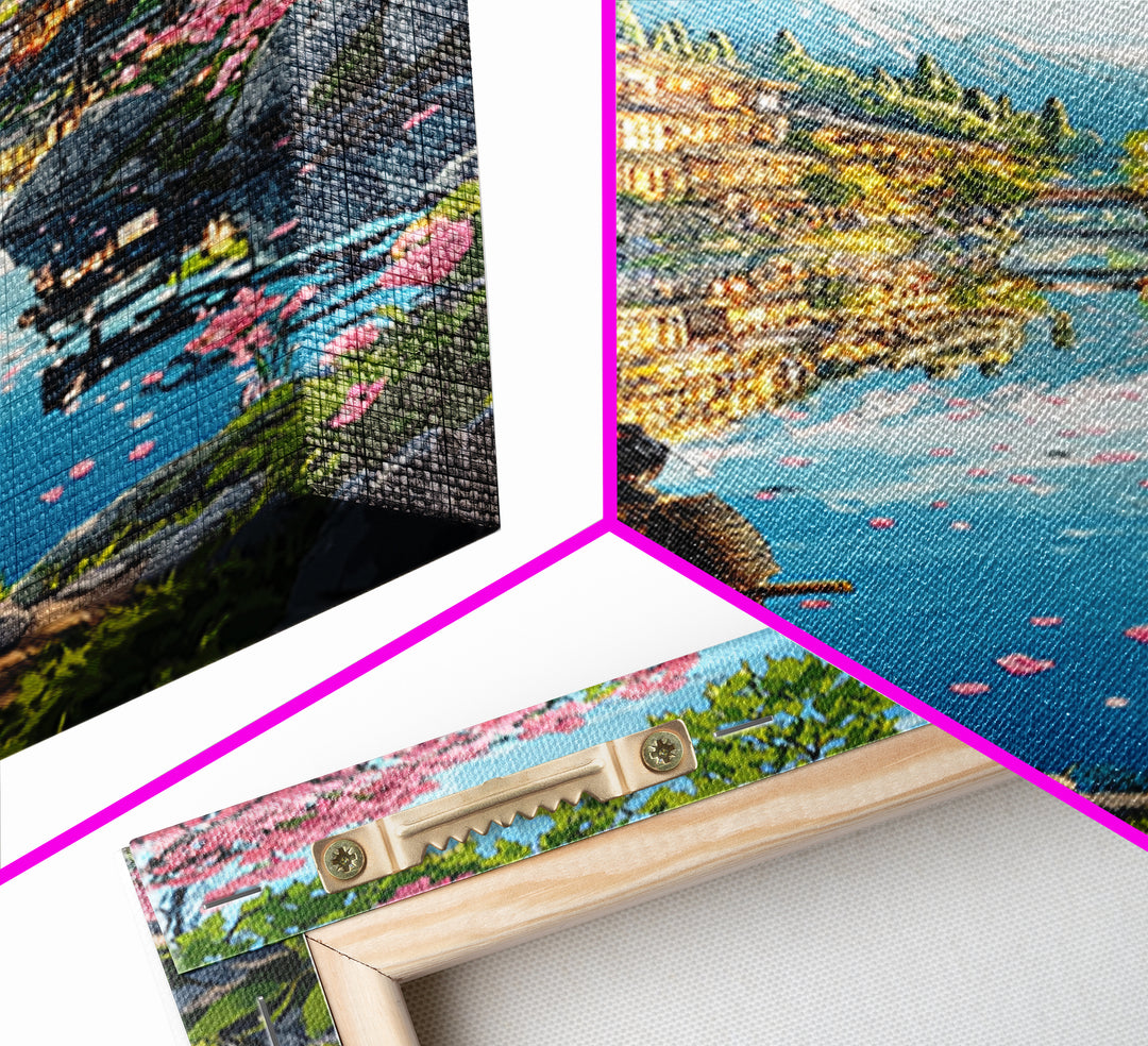 Samurai By Blossom Mountain Lake Wall Art, Japanese Village Framed Canvas Print, Serene Landscape Living Room Decor Gift