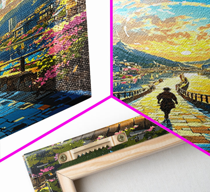 Sunlit Archway Over Canal Wall Art, Japanese Fantasy Canvas Print, Cherry Blossom Landscape Above Bed Decor Gift For Her