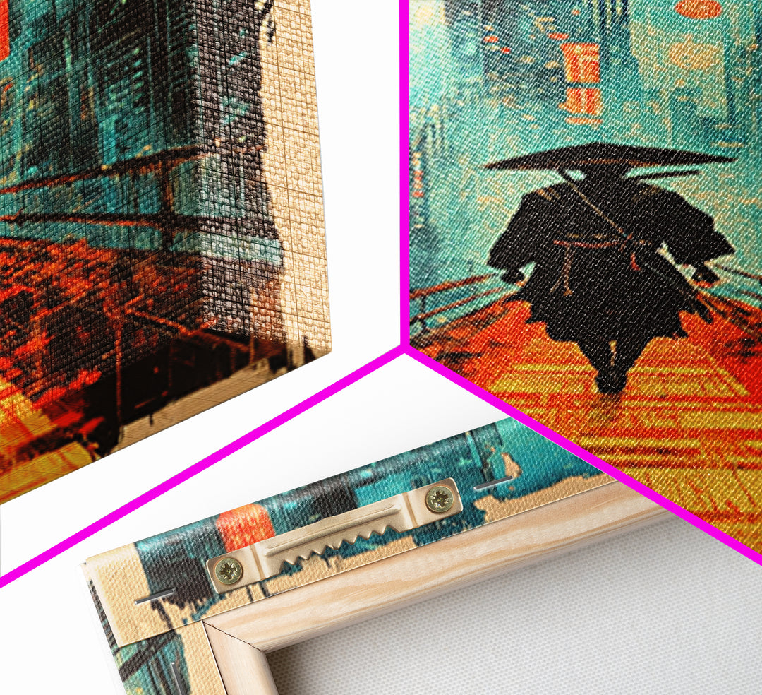 Lone Samurai With Umbrella Wall Art, Neon Cyberpunk City Canvas Print, Japanese Rainy Night Poster Home Office Decor Gift